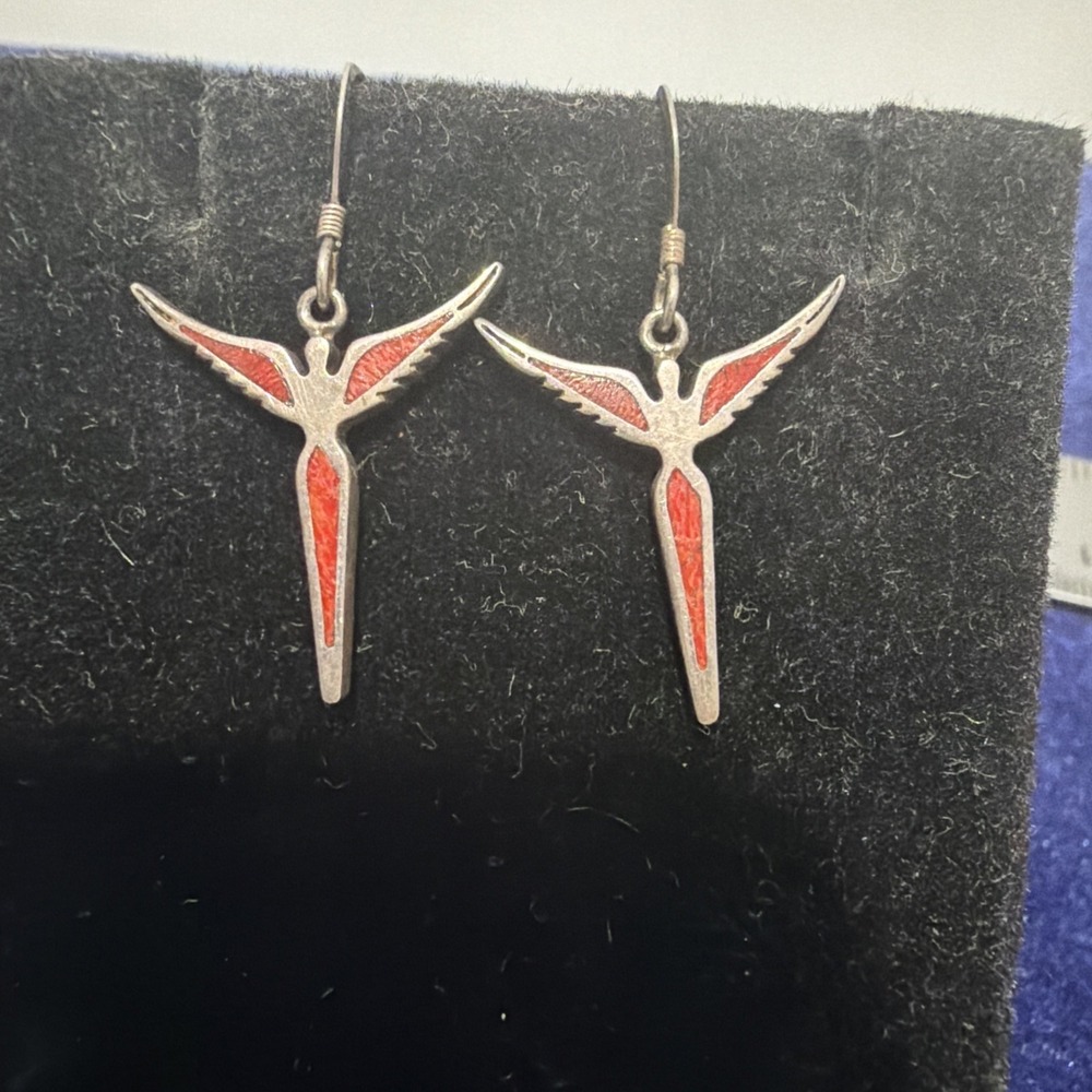 Vtg Sterling 925 Steven Lavaggi Signed Red Inlay Angel  Earrings